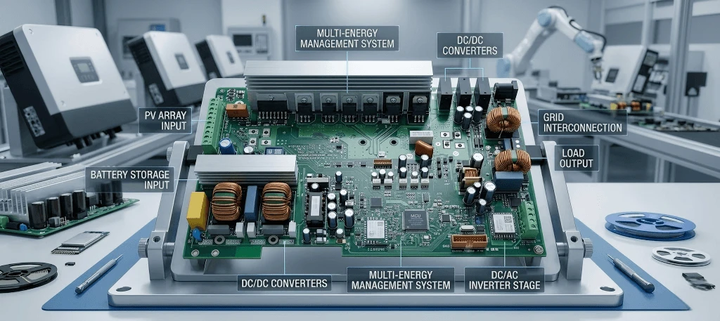 Internal PCBA of high-efficiency energy conversion inverter featuring Tier 1 IGBT modules and industrial-grade capacitors Internal PCBA of high-efficiency energy conversion inverter featuring Tier 1 IGBT modules and industrial-grade capacitors